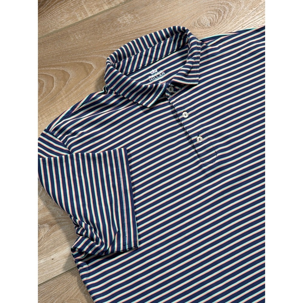 Peter Millar Seaside Wash Mens XL Polo Shirt Navy Pink Striped Stretch Cotton